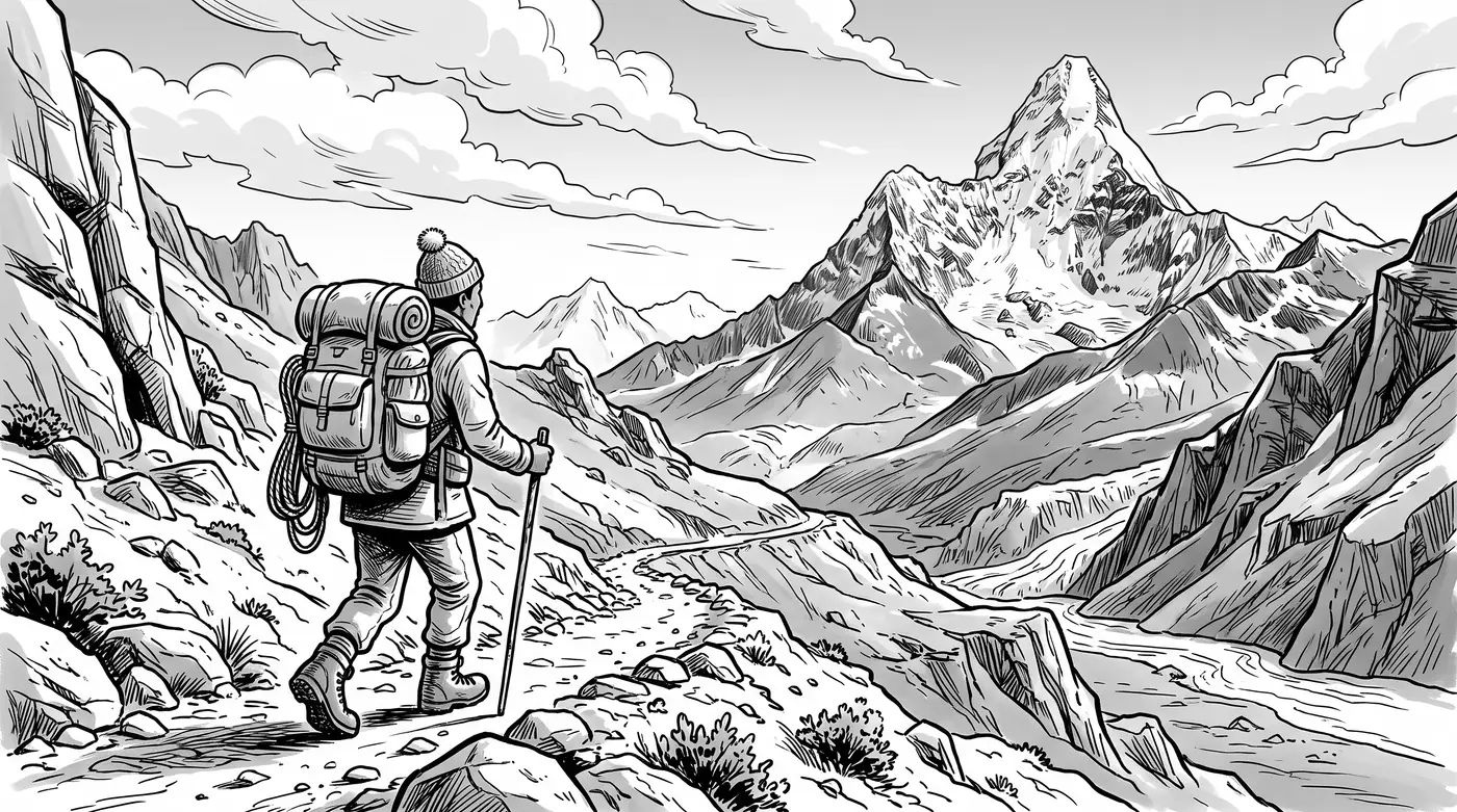 Dibujo de una montañera con mochila, mirando la cima que le queda por subir.